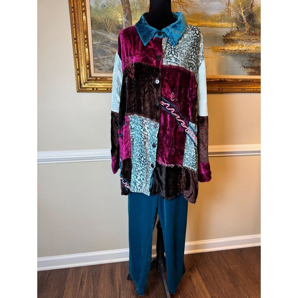 Only Necessities Vintage Patchwork Crushed Velvet 2 Piece Tunic Pant Set Plus 2X